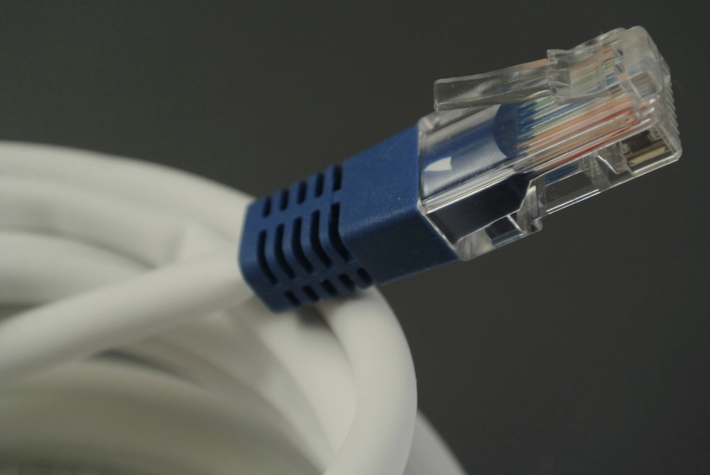 Coiled white network cable with a clear plug and a blue boot