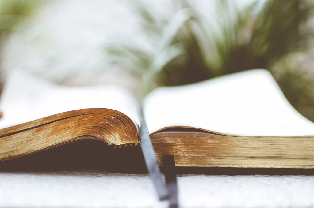 Open book with a ribbon bookmark lying on a bright table