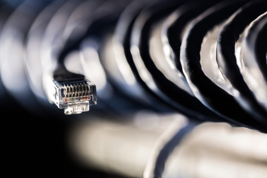 Ethernet cable in focus in front of a blurred coil of network cables