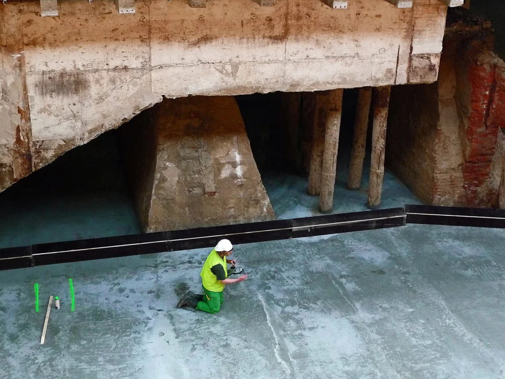 Construction worker reinforcing old foundations during an underground station renovation