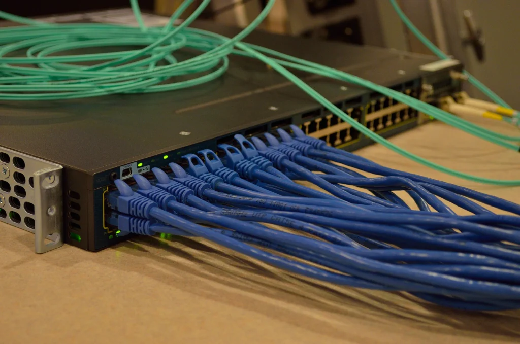 Network switch with blue ethernet cables on the private side of an MCP server