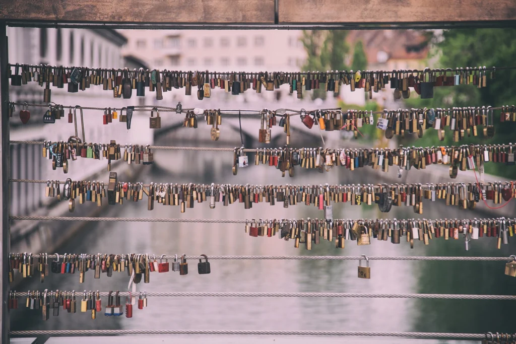 Many padlocks clipped to cables above a city river